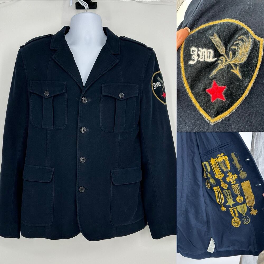 Men’s Y2K Vintage Juicy Couture Military Jacket Size 40 Velour Navy Patch